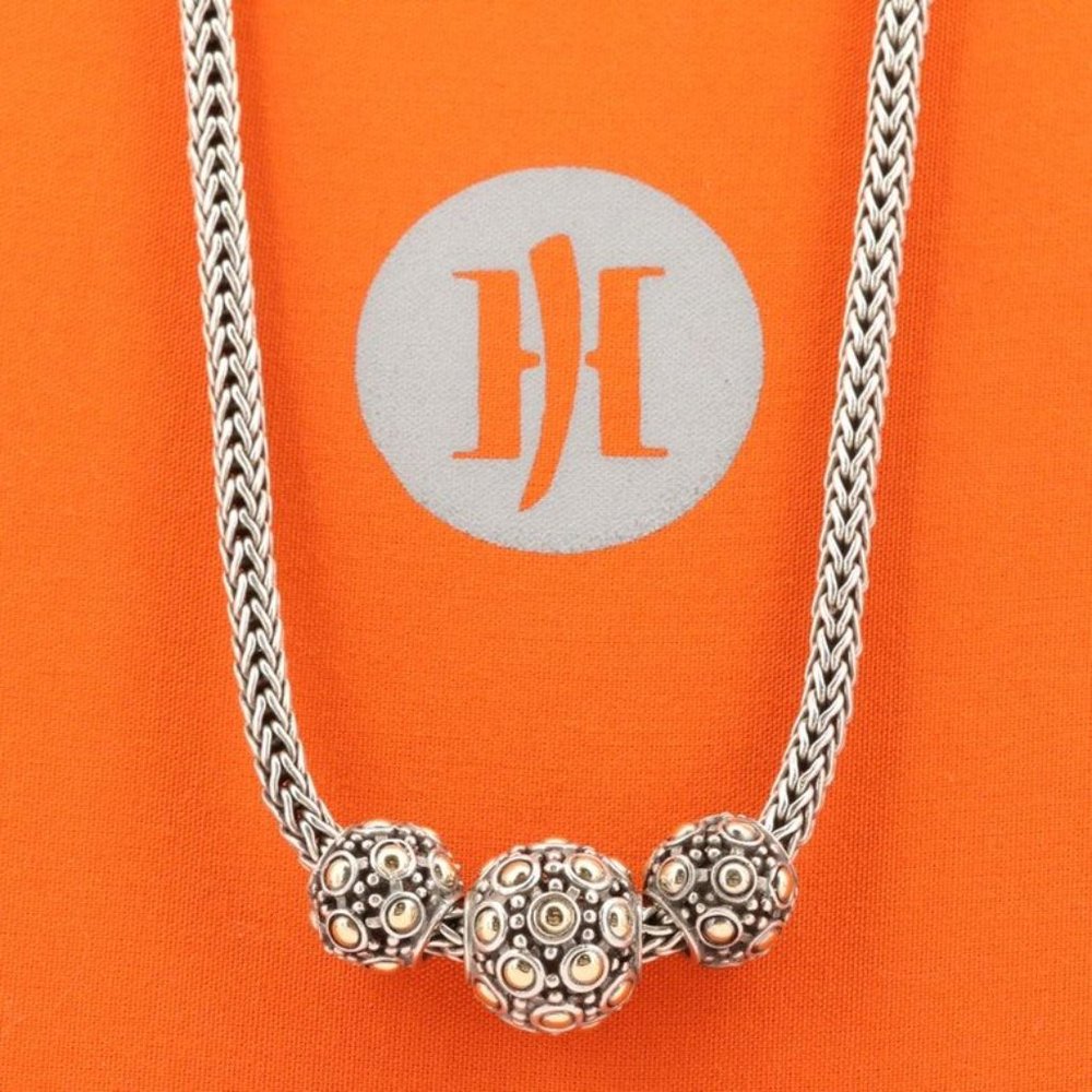 JOHN HARDY 18KT YELLOW GOLD SILVER JAISALMER TRIPLE BEAD ON 16" WHEAT CHAIN